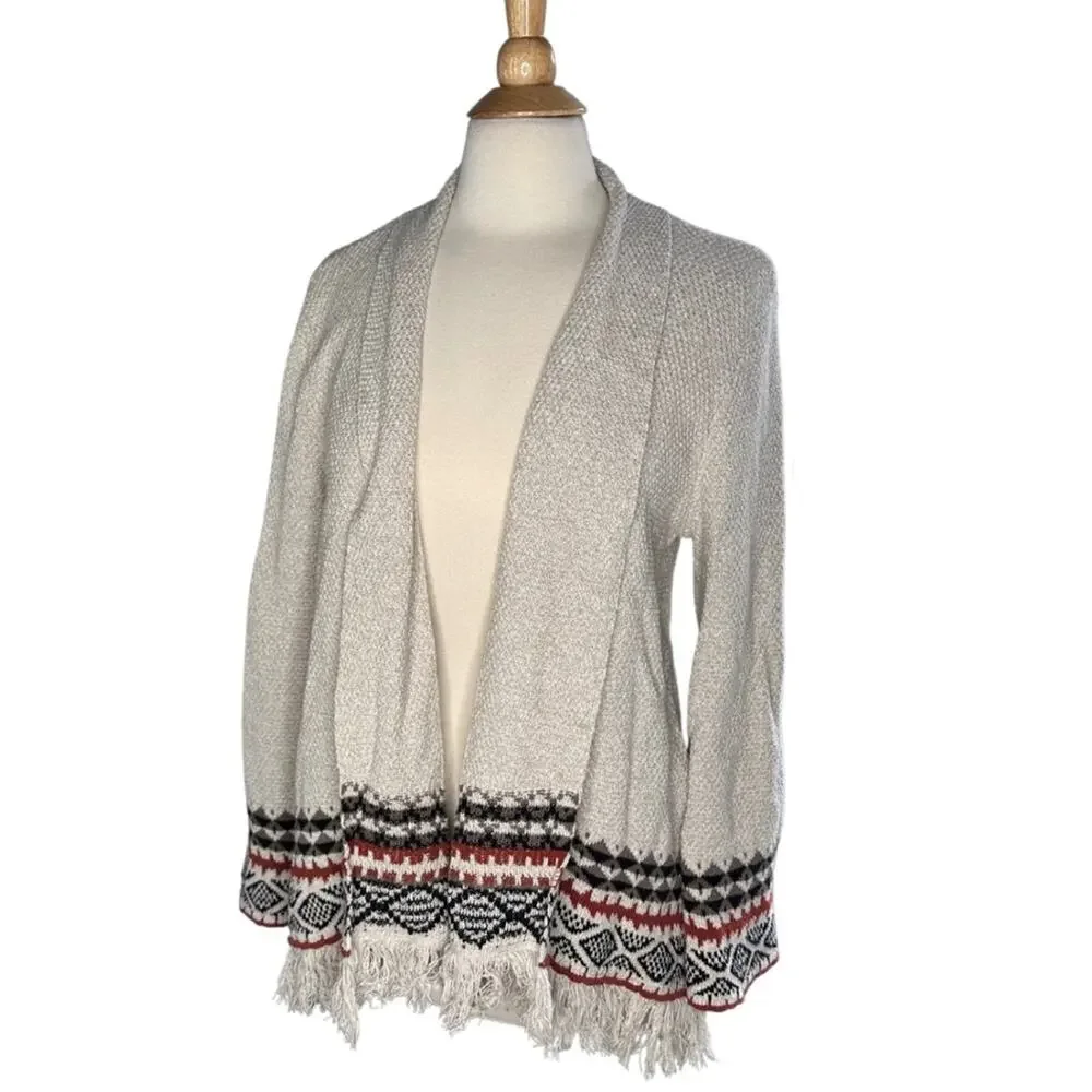 Style & Co Boho Bohemian Western Print Open Front Cardigan Fringe Bottom Detail